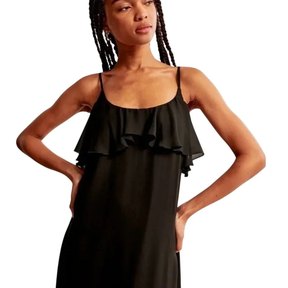 Abercrombie‎ & Fitch Womens Black Ruffle Maxi Dress Adjustable Straps Medium